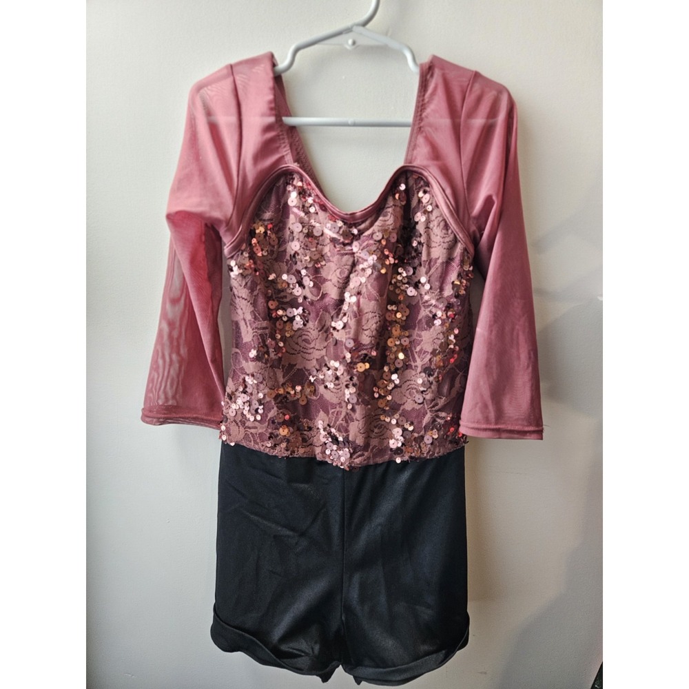 Weissman Dance Shiny Costume‎ Sz LC (14) Burgundy/Black See Through Arms